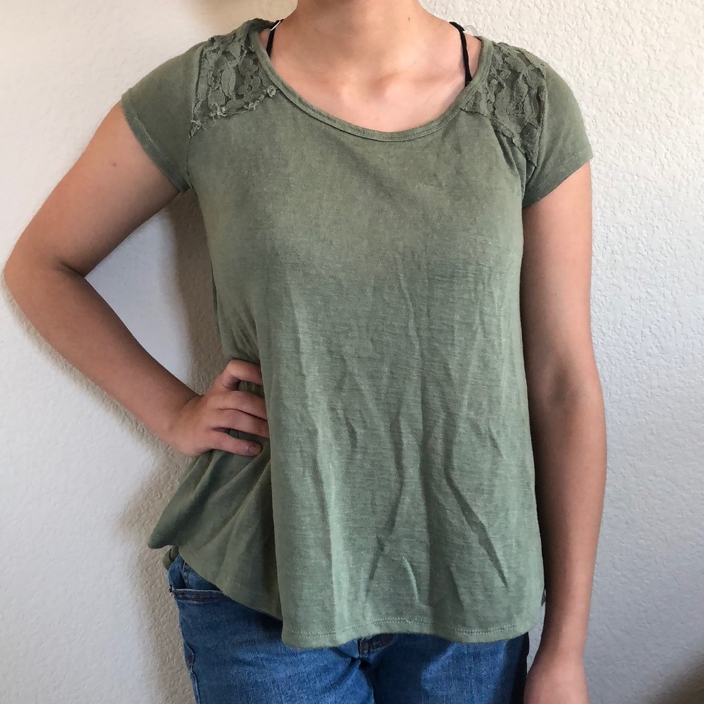 Olive Green Lace Detailed Cute Casual Tee